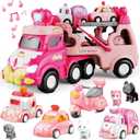 9 in 1 Carrier Truck Cars Toys - Pink Princess Girl Car with Light and Sound - Toddler Toys Age 1-4