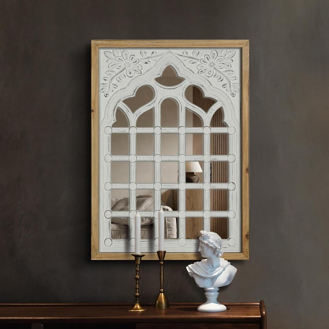 WREVERW Rustic Wood Frame Wall Decor, Distressed White Floral Carved Design, Vintage Windowpane Farmhouse Decor with Acrylic Reflective Surface for Living Room Bedroom Bathroom, 16"x22" WREVERW Rustic Wood Frame Wall Decor, Distressed White Floral Carved Design, Vintage Windowpane Farmhouse Decor with Acrylic Reflective Surface for Living Room Bedroom Bathroom, 16"x22"