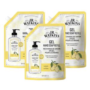 J.R. Watkins Gel Hand Soap Refill, Moisturizing Hand Wash, All Natural, Alcohol-Free, Cruelty-Free, USA Made, Lemon, 34 Fl Oz, 3 Pack