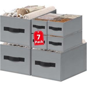 7 Pack Closet Organizers Bins, 2 Sizes Closet Shelf Organizer with Handles - Fabric Home Organization and Storage Baskets for Organizing Clothes Toys Blanket Towel Purse (Grey)