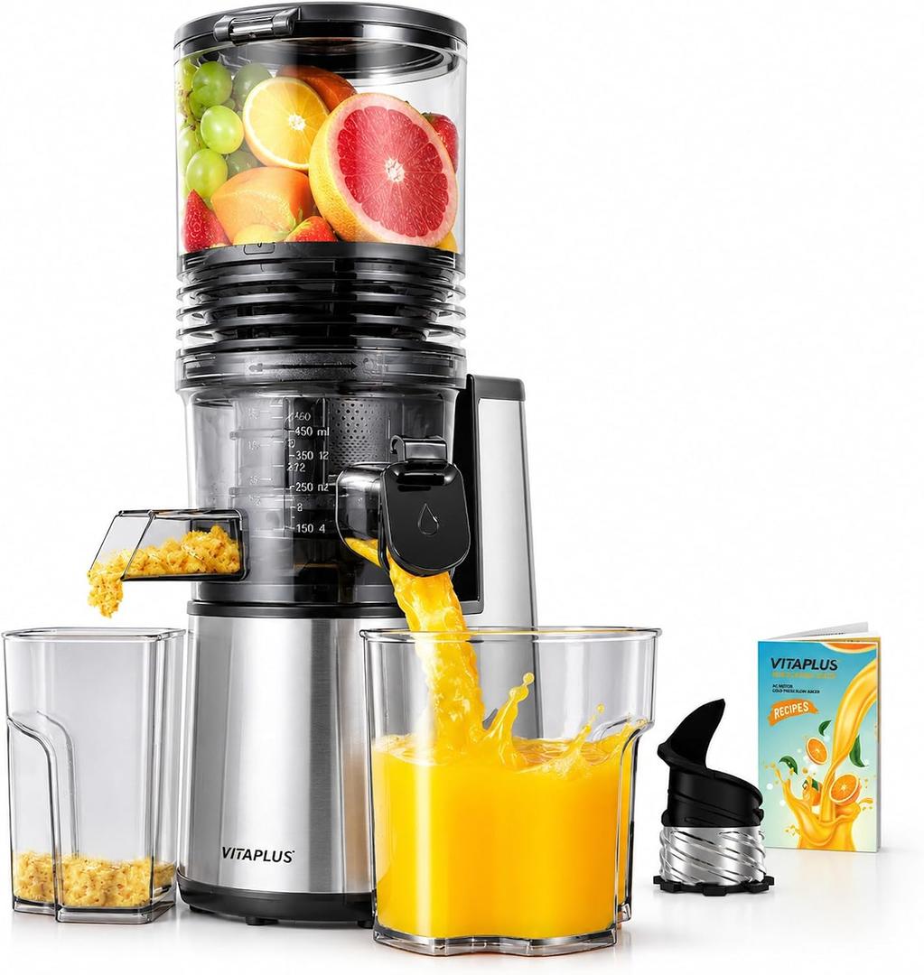 VITAPLUS Cold Press Juicer Machines, Stainless Steel Auger, AC Motor, Lab-Certified Food-Safe, 5.8" Whole-Fruit Chute, High-Yield Slow Masticating Juicer for Juice & Nut Milk, BPA-Free, Easy Clean