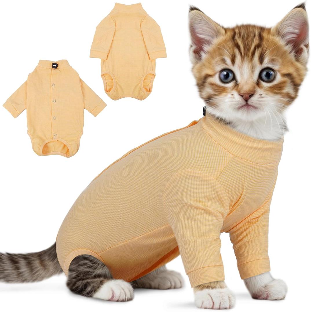 PUMYPOREITY Adjustable Cat Recovery Shirt, Front Leg Injury Suit, Stretchable & Comfortable, Anti-Licking Long Sleeve Wound Cover, Prevents Scratching & Biting, Machine Washable, Orange, L
