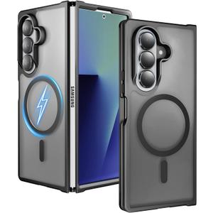 One Piece Design Matte Frosted Magnetic Case for Samsung Galaxy Z Fold 7, Fit for Magsafe, Ultra Thin, Shockproof Anti Fingerprints Translucent Back Integrated Bumper Wireless Charge Cover for Fold 7, Black