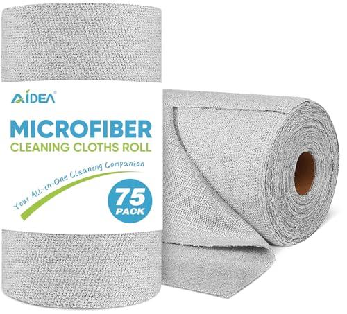 AIDEA Microfiber Cleaning Cloth Roll, Grey 75PK, Reusable Paper Towels Tear Away Cloth, Microfiber Towels for Cars, Wash Cloths, Lint Free Rags for House, Kitchen,Window,Cleaning Supplies 11.5"×11.5"