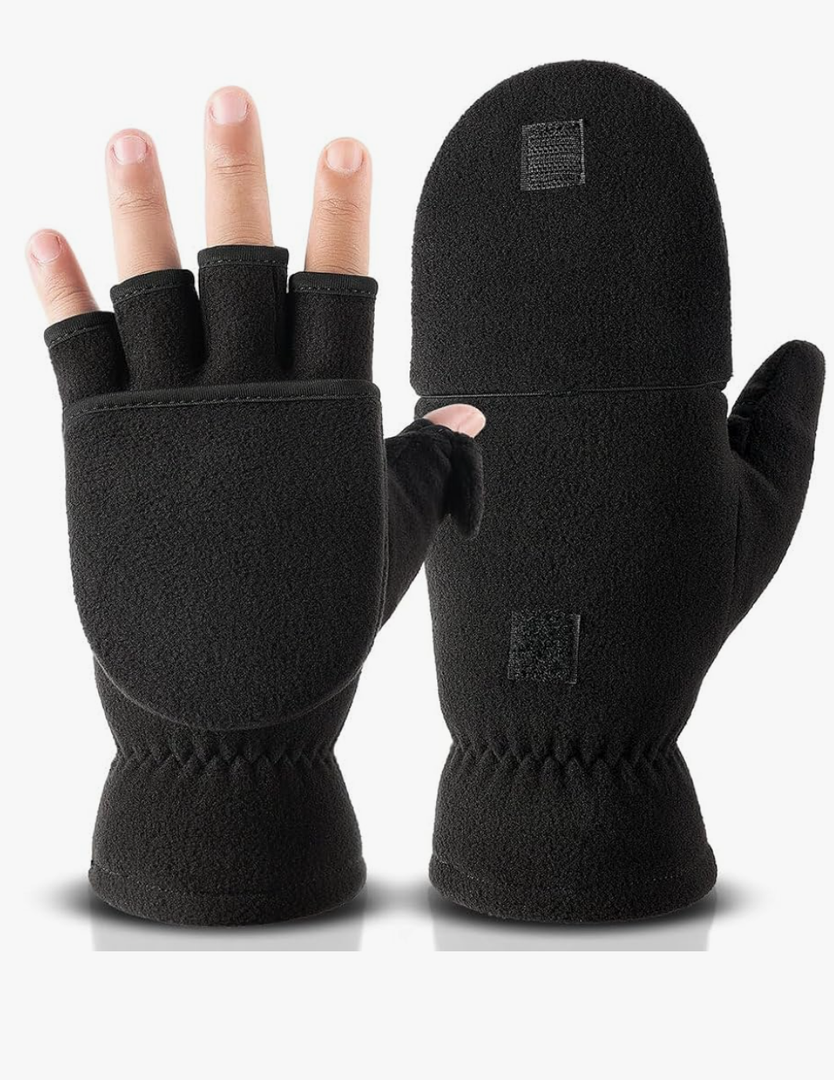 OZERO Winter Gloves Fingerless Convertible Mittens Thermal Polar Fleece Insulated Lining Windproof Warm for Men Women ,Size L