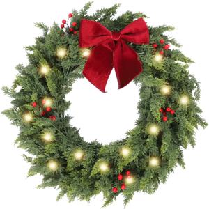 30 Inch Christmas Wreaths for Front Door with Lights,Lighted Cedar Door Wreath,Prelit Real Touch Artificial Green Winter Wreath with Large Burgundy Velvet Bow for Indoor Outdoor Decor