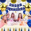 Blue and Gold Party Decorations - 50pcs Birthday Decor for Men Boy Kids with Happy Birthday Banner, Balloons, Hanging Swirls, Pom Poms, Lantern, Garland Party Supplies