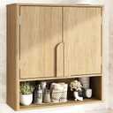 RUSTOWN Bathroom Wall Cabinet, 3-Tier Modern Accent Medicine Cabinet W/Curved Handles & Adjustable Shelf, 2 Doors Over The Toilet Storage Cabinets for Laundry Room Kitchen Living Room, Natural Oak