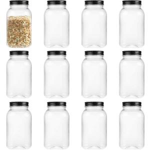 Omnisafe 32 Ounce Clear Plastic Mason Jars With Screw On Lid, Reusable Empty Jars for Food Storage, Round BPA Free Containers for Sealing, Dry Food, Snacks, Candies, Breakage-proof, (Black - 12 Pack)