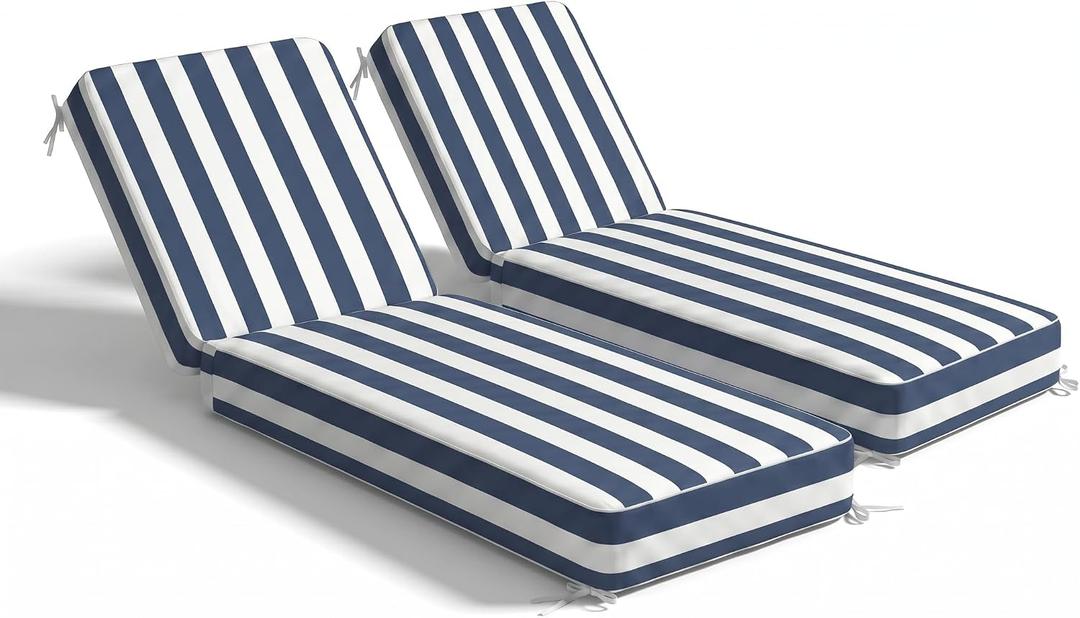 Outdoor Chaise Lounge Cushion Set of 2, Olefin Waterproof & Fade Resistant, Patio Lounge Chair Cushion, Thick Lounger Pad with Removable Cove, 75 x 23 x 6 Inches, Stripe Blue and White