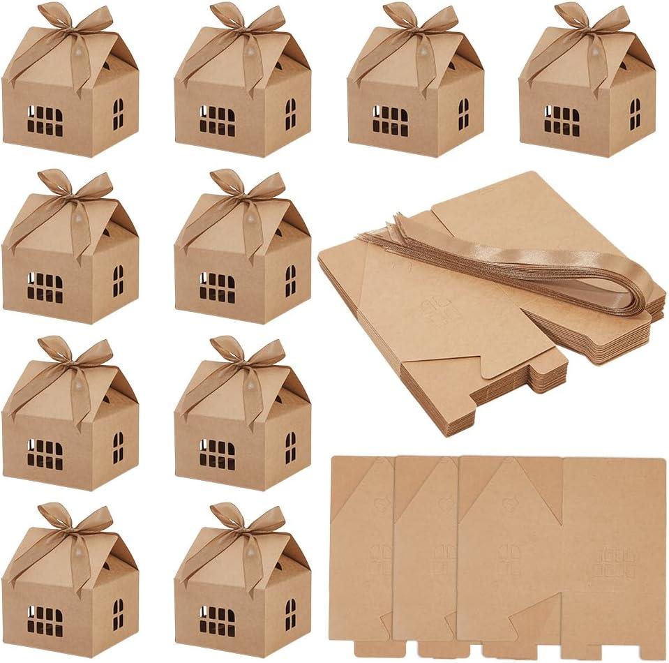 WADORN 30Pcs House Shaped Gift Boxes with Ribbons, Classic Paper Candy Storage Container House Gift Box Treat Boxes for Treats Dessert Fancy Cookie Packaging Christmas Birthday Party Gifts, Brown