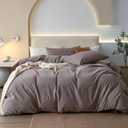 JIYUAN 100% Washed Cotton Duvet Cover Set 3 Pieces Queen, 1 Duvet Cover 90x90 Inches(Comforter Not Included) and 2 Pillowcases,Linen Feel Bedding Set Comfy and Breathable, Heathered Mauve Brown