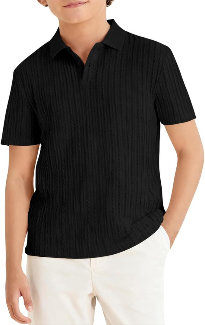Haloumoning Boys Knit Short Sleeve Polo Shirt Kids Summer Casual Shirts School Uniform Golf Tops Tees 5-14Y (9-10 Years, Black)