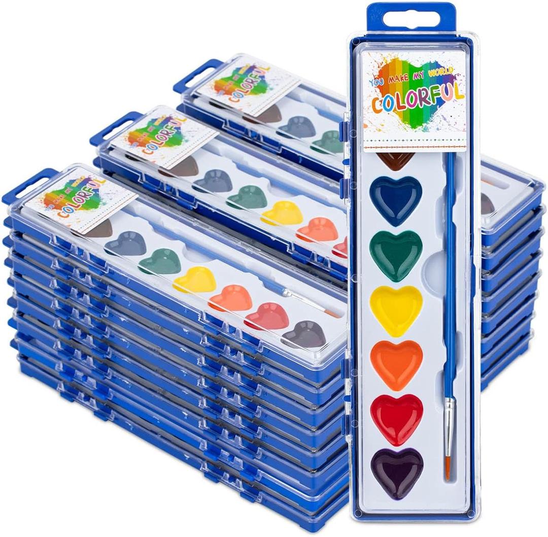 ARTLYMERS 24 Pack Water Color Paint Sets for Kids, 8 Colors Heart Watercolor Paint Set with Paintbrush Washable, Valentines Gifts Art Supplies for Preschool Classroom Party Favor Prizes Exchange