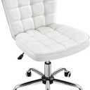 Yaheetech Armless Desk Chair Modern Tufted Office Chair Faux Leather Upholstered Computer Chair with Adjustable Seat Height and Rolling Wheels for Home/Office, White