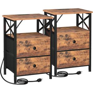 AMHANCIBLE Night Stand Set 2, Nightstand with Charging Station, End Tables Living Room with USB Ports and Outlets, Bedside Tables with Fabric Drawers for Bedroom, Rustic Brown HET05XBR