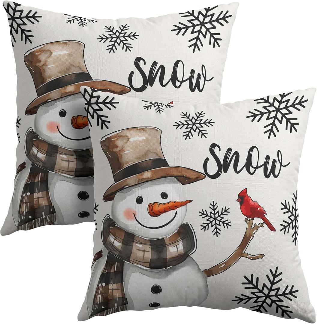 Snowman Throw Pillow Cover Christmas Pillowcase 18x18 Inch Set of 2 Snowflake and Red Cardinal Bird Decorative Cushion Cover Winter Holiday Pillow Protector for Home Sofa Bedroom Decor
