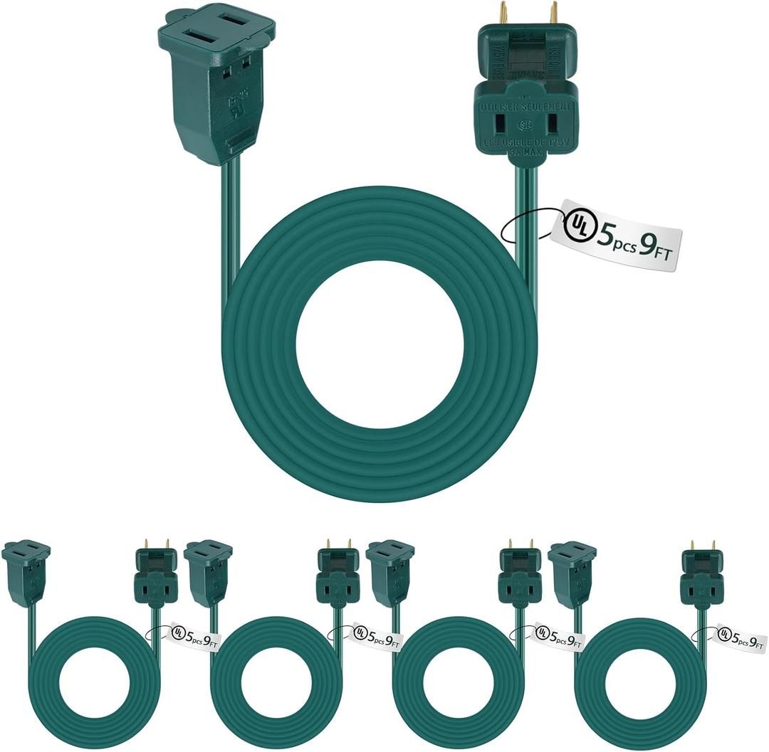 Kanayu 5 Pack 9 ft Green Indoor Extension Cord 2 Prong Electric Cord Extender, Wire Plug in and End, Ac 120 Volts, for Outdoor Christmas Connect or Extend String Lights
