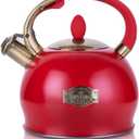 SUSTEAS Stove Top Whistling Tea Kettle - Food Grade Stainless Steel Teakettle Teapot with Cool Touch Ergonomic Handle, With 1 Silicone Pinch Mitt Included, 2.64 Quart(RED)