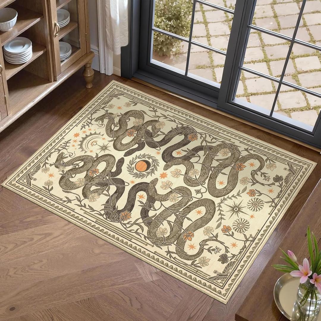Snake Small Rug 2x3 Washable Door Mat Indoor Rugs for Entryway Non-Slip Gothic Witchy Fantasy Soft Low-Pile Thin Mat for Kitchen Bedroom Bathroom Beige