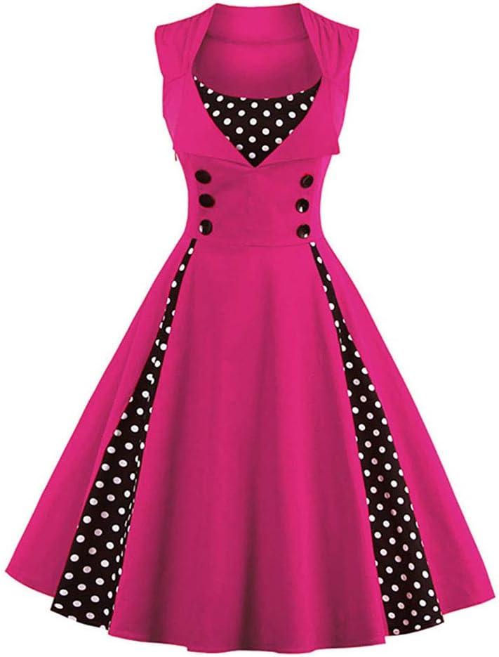 Women Vintage 1950s Polka Dot Retro Cocktail Prom Dresses Double Breasted Notch Lapel 50's 60's Rockabilly Square Neck Patchwork Button Audrey Swing Dress Wedding Party Flared Midi Dress 02#Hot Pink M