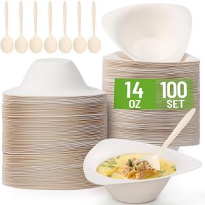 100 Pack Triangle Paper Bowls with Spoon 14oz Disposable Paper Soup Bowls Dessert Fancy Ice Cream Cups for Hot Food, Soup, Salad, Meals