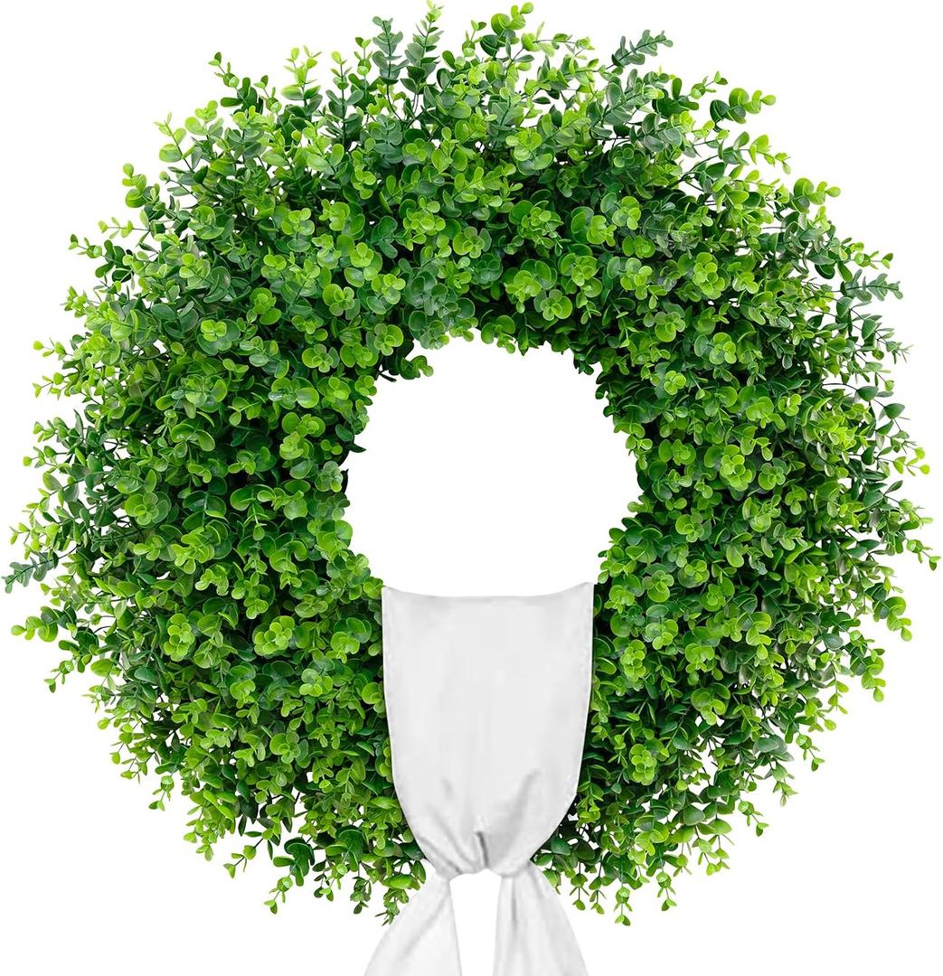 28'' Large Boxwood Wreaths Front Door Artificial Green Spring Wreath with Sash Wreaths for Front Door Farmhouse Greenery Year Round Outdoor Indoor for Summer Wreath St Patricks Day Decoration