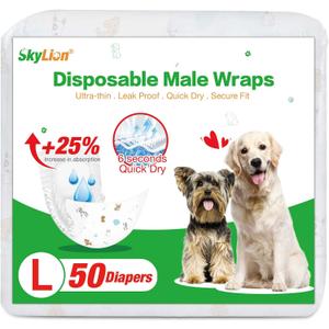 Dog Diapers Male Disposable Super Absorbent, 50 Count, Male Dog Wraps Leak Proof, Ultra Dry & Breathable, Large