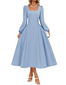 ZESICA Women's Long Sleeve Midi Dresses 2026 Fall Square Neck Swing A Line Wedding Guest Evening Prom Dress, S