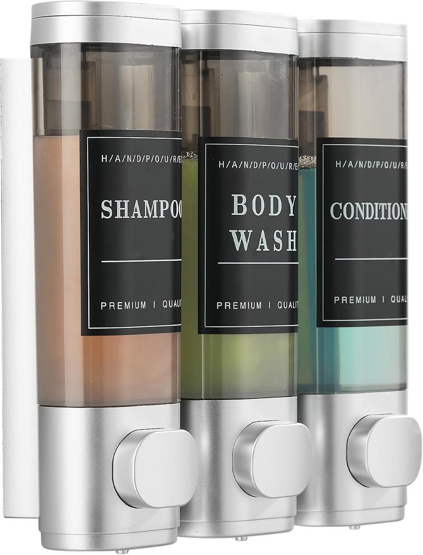 Shower Soap Dispenser Wall Mounted No Drill Shampoo Dispenser for Shower Wall Shampoo and Conditioner Dispenser Bathroom Hotel 3 * 300ml with Waterproof Labels Sliver (Silver)