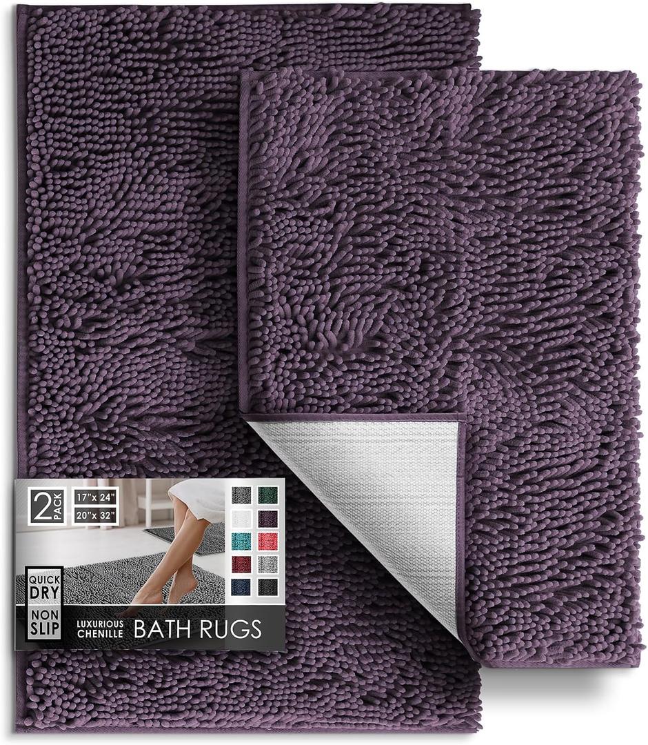 Hearth & Harbor Bathroom Rugs Sets 2 Piece, Chenille Bath Mat Set - Machine Washable Bath Mats for Bathroom Non-Slip Backing Rubber Quick Dry Bathroom Mat - Purple Bath Rug, 17x24-20x32