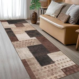 Modern Geometric Patchwork Indoor Runner Rug for Living Room, Chocolate 2'x 6' Rug Rockwood Collection Hardwood Floors Decor for Bedroom, Brown Throw Carpet for Office Entryway Dining Room
