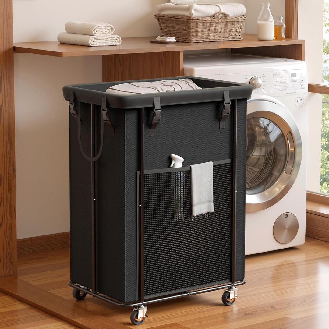200L (53 GAL) Laundry Hamper with Wheels, Rolling Laundry Basket with Metal Frame and Removable Bag, Large & Tall Dirty Clothes Hampers for Bedroom Aesthetic, Laundry Room, Bathroom, Dorm-Black