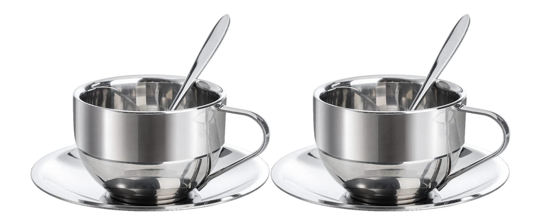 Okllen 2 Pack Stainless Steel Coffee Cup Set, 6 Oz Coffee Mugs with Spoon and Saucer, Double Walled Espresso Cups Mugs for Coffee, Latte,Tea, Milk