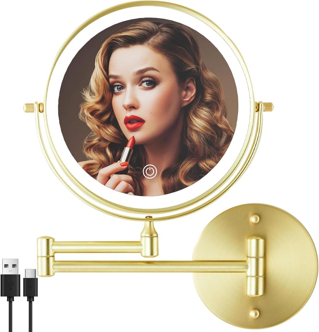 Rechargeable Wall Mounted Lighted Makeup Vanity Mirror 8 Inch Double Sided 1X 10X Magnifying Bathroom Mirror, 3 Color Lighting, Touch Screen Dimming, 360 Rotation Shaving Mirror Gold