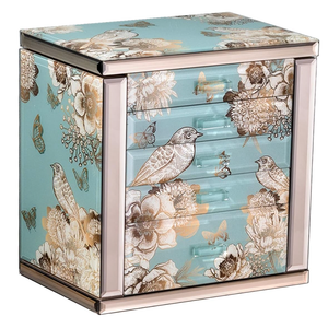 High End Glass Jewelry Box for Women, 5 Layer, Bird & Floral | Large Jewelry Organizer with 2 Side Doors & Mirror, Velvet-Lined Storage, For Rings Necklaces Earrings Watches, Gift