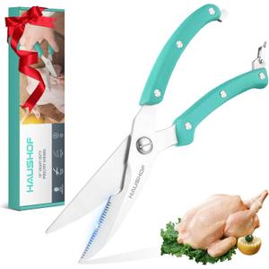 HAUSHOF Kitchen Shears for Food, Heavy Duty Poultry Shears, Stainless Steel Sharp Kitchen Scissors with Serrated Blade, One-Piece Handle, Spring, Safety Lock, 10" Food Scissors for Bones, Meat, Fish