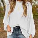 SHEWIN Womens Blouses Dressy Casual Smocked Tops Crew Neck Chiffon Long Sleeve Shirts Spring Outfits 2025 (White, L)