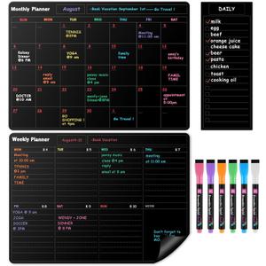 Fridge Black Whiteboard Calendar Set(3-Pack),1 Pcs Magnetic Weekly Board and 1 Pcs Refrigerator Planner Calendar,1 Pcs List and 6 Markers,Reward Chore Chart for Kids Multiple Kids Teens Adults Family