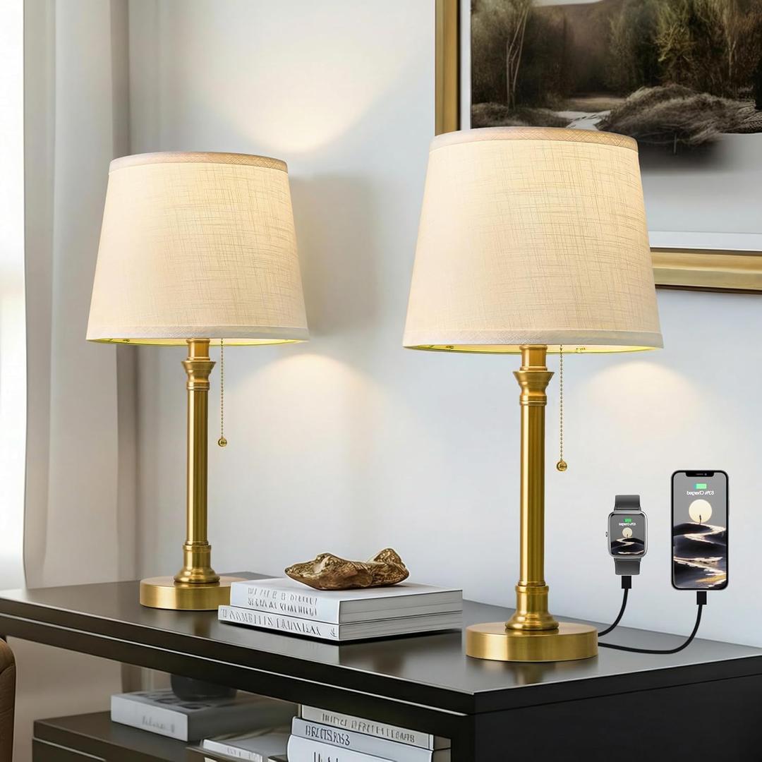 Oneach 19.5" Gold Table Lamp Set of 2, Small Bedside Table Lamps with USB A+C Charging Ports, Pull Chain Switch, Brass Modern Nightstand Lamps for Living Room, Bedroom, Nursery