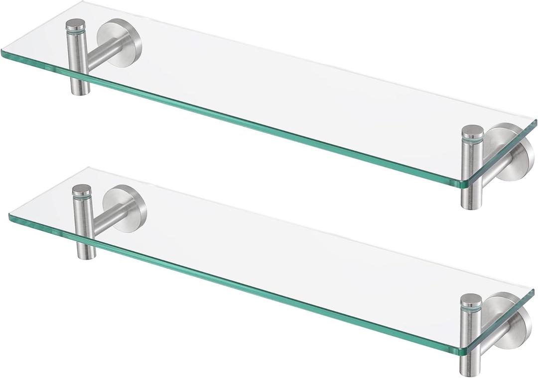 KES Bathroom Glass Shelf Rectangular 20-Inch Floating Glass Shelves 2 Pack with Rustproof Stainless Steel Brackets Wall Mounted Brushed Finish, A2021-2-P2