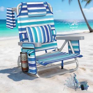 5-Position Backpack Beach Chair for Adults with Lumbar, Foldable Tall Heavy-Duty Beach Chairs with Cooler Bag,Cup Holder,Towel Rack for Beach, Camping, Outdoor (1, Blue&White)