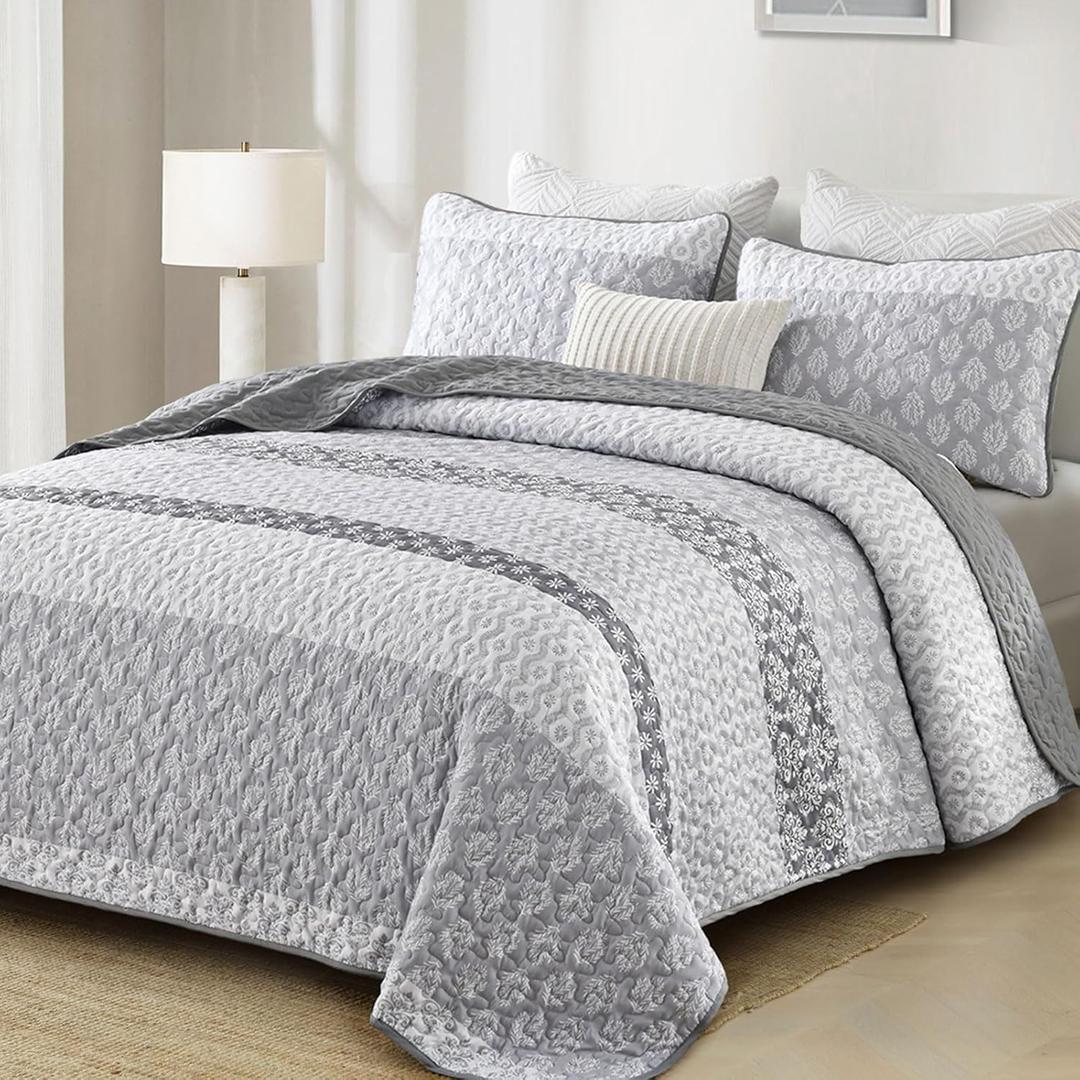 Boho Quilt Set Queen Size Gray Farmhouse Quilt Bedding Set Striped Lightweight Summer Bedspread Coverlet Bedding Set 96"x90" (3 Pieces) (Grey)