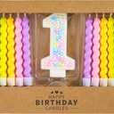 PHD CAKE Number 1 Birthday Candle Macaron Glitter Number Candle with Rainbow Spiral Candles in Holders for Cake Topper, Pastel Sweet Theme Party Decoration