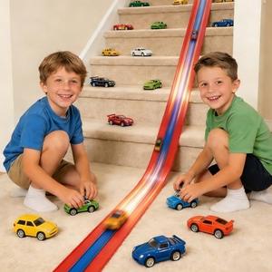 16.4ft Race Car Track, 3-Lane Flexible Race Track for Kids Compatible with Diecast 1/64 Scale Cars with 6 Metal Toy Racing Cars, Portable Rolls Up Race Tracks with Strong Suction Cups (Red)