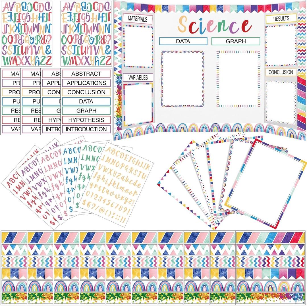 96 Pcs Science Fair Board Supplies 60 Trim Scalloped Poster Boards 24 Presentation Border Stickers 4 Self Adhesive Project Titles 8 Letter Sticker for Classroom Display(Oh Happy Day Style)