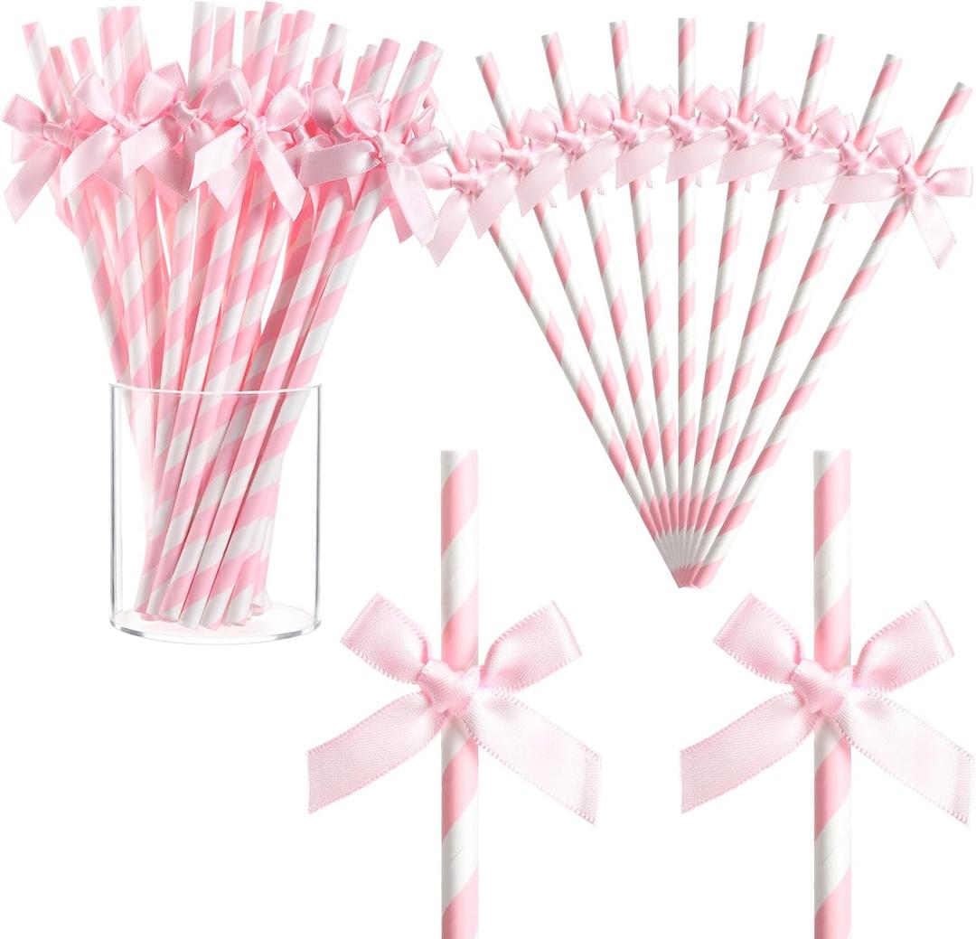 Potchen 150 Pcs Bow Straws Bulk Disposable Paper Bow Striped Drinking Straws for Graduations Cake Decorations Birthday Bridal Shower Wedding Bachelorette Baby Shower Party Supplies (Pink)