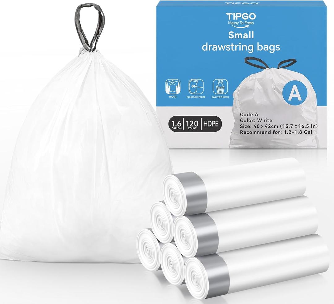 TIPGO Small Trash Bags Drawstring 1.6 Gallon, Pre-Cut Mini Garbage Bags for 1.2-1.8 Gallon Trash Bins, 120 Count (Code A)