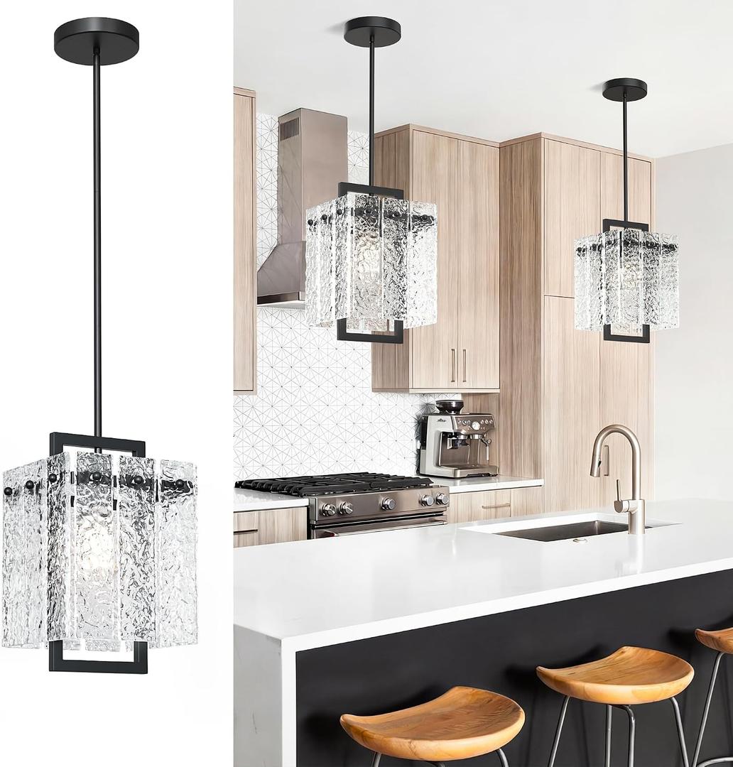 Modern Black Pendant Lights Kitchen Island, Pendant Light Fixtures with Water Ripple Glass, Elegant Adjustable Pendant Lighting, Island Lights for Kitchen, Dining Room, L7.3 x W11.6