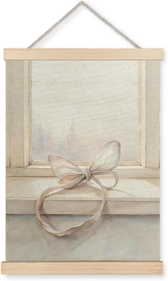 UNCDLV Pastel Coquette Bow Poster Hanger Frame, Light Pink Preppy Girly Canvas Wall Art, Coquette Room Decor, Watercolor Preppy Bow Wall Decor for Girls Bedroom Dorm Apartment, 12x16 Inch